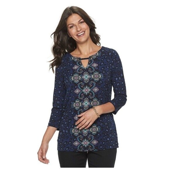 Croft & Barrow Boho Tunic Top Keyhole Neck 3/4 Sleeve Blue Leopard Print Large - Picture 2 of 10